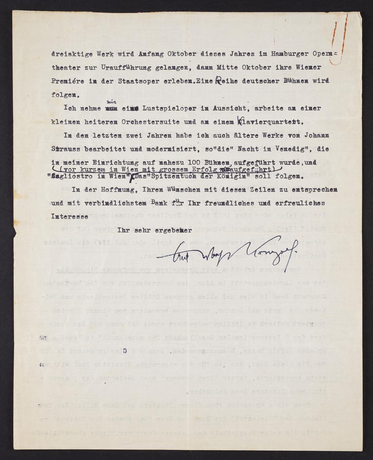 Correspondence from Erich Wolfgang Korngold to David Ewen, page 2 of 2