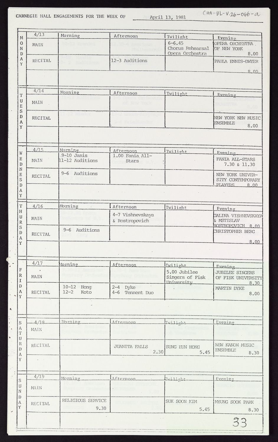 Carnegie Hall Booking Ledger, volume 26, page 66a