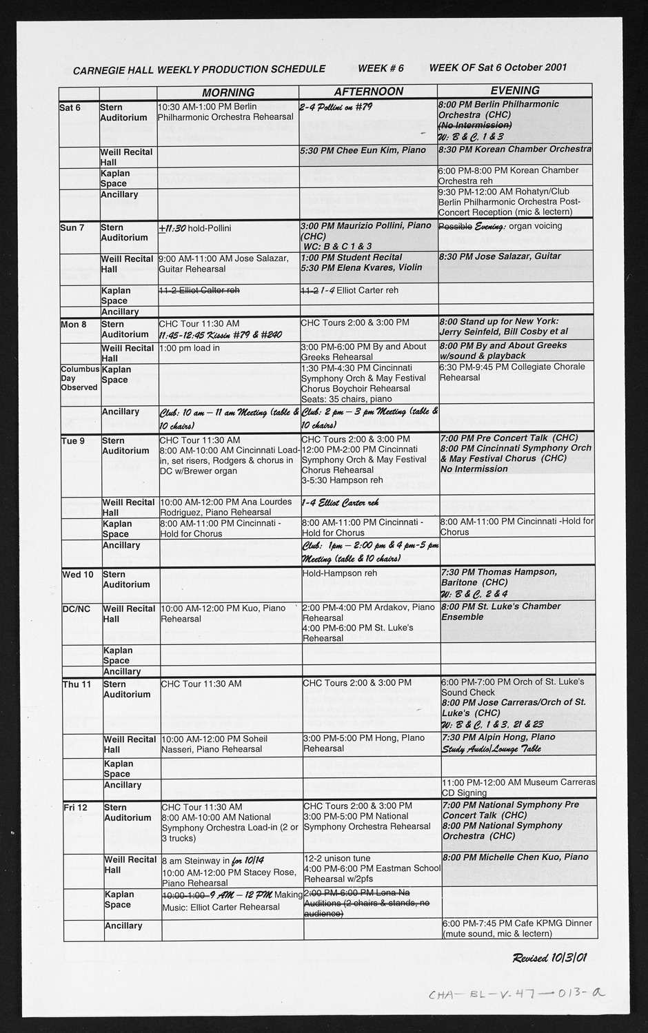 Carnegie Hall Booking Ledger, volume 47, page 13a