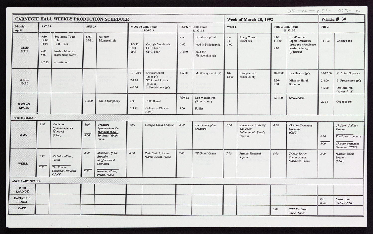 Carnegie Hall Booking Ledger, volume 37, page 63a