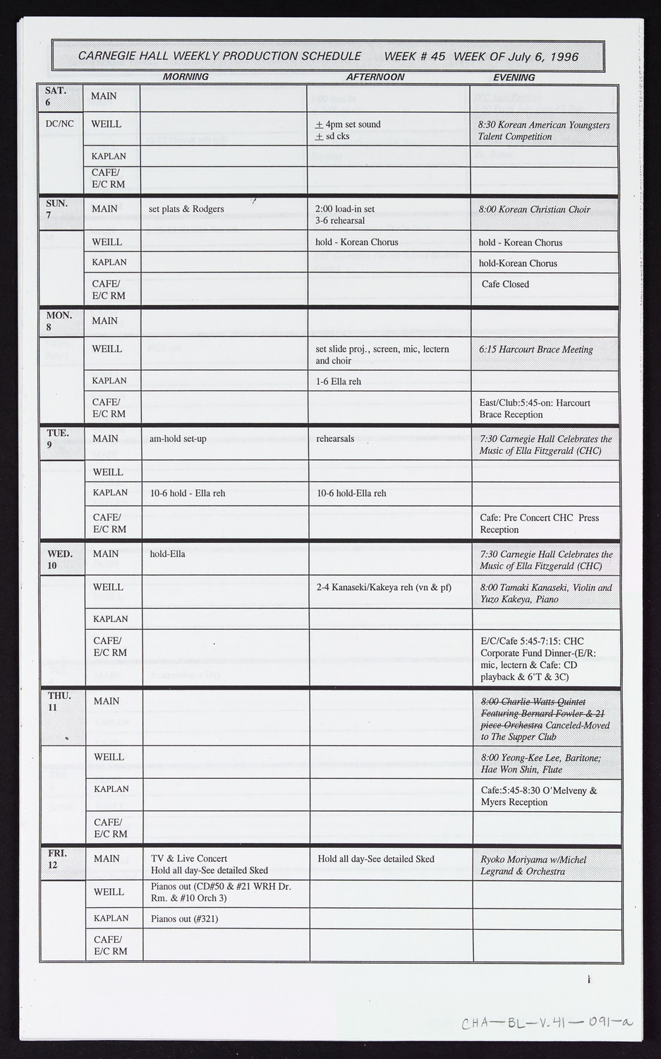 Carnegie Hall Booking Ledger, volume 41, page 91a