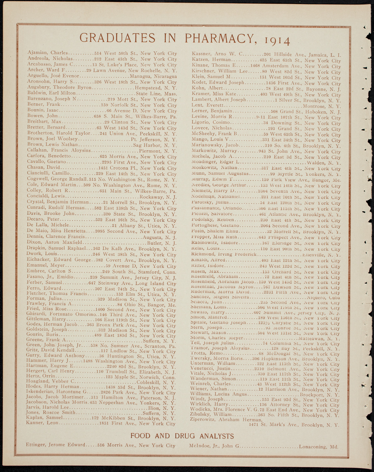 Graduation: Columbia University College of Pharmacy, May 14, 1914, program page 10