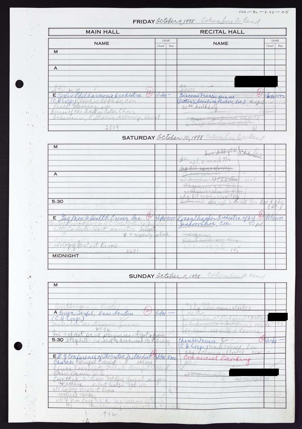 Carnegie Hall Booking Ledger, volume 44, page 15