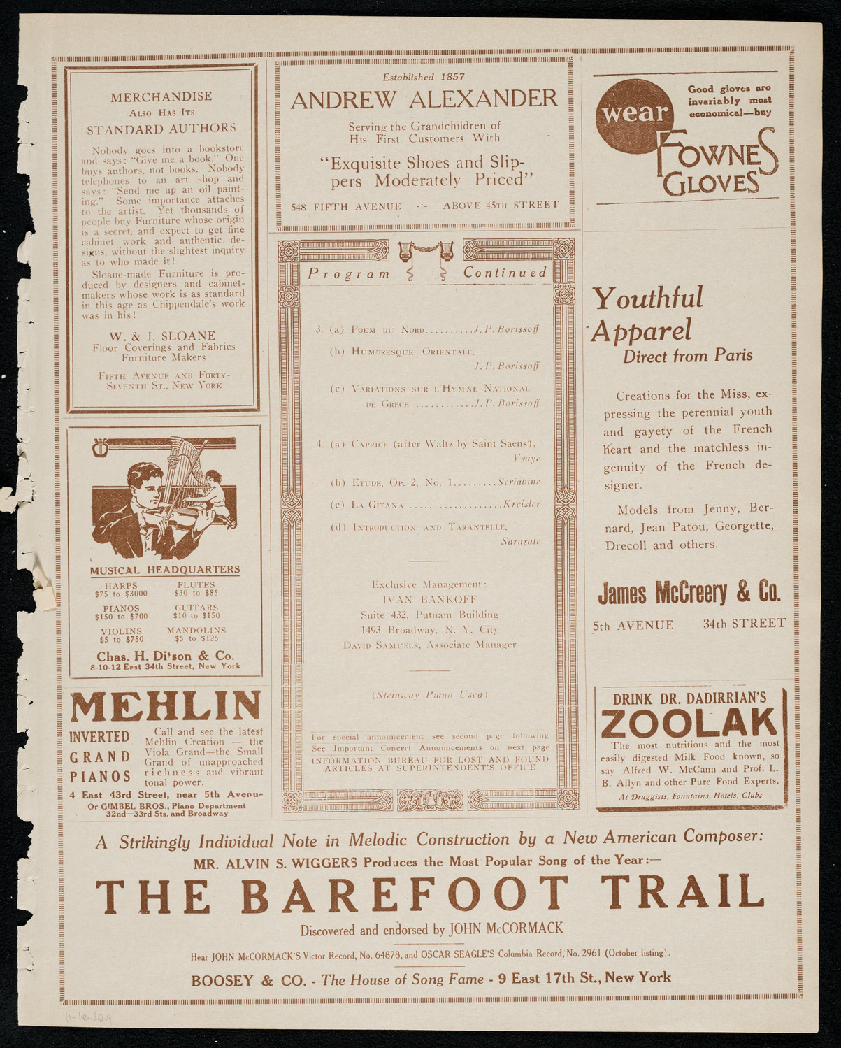 J. Piastro Borisoff, Violin, November 1, 1920, program page 7