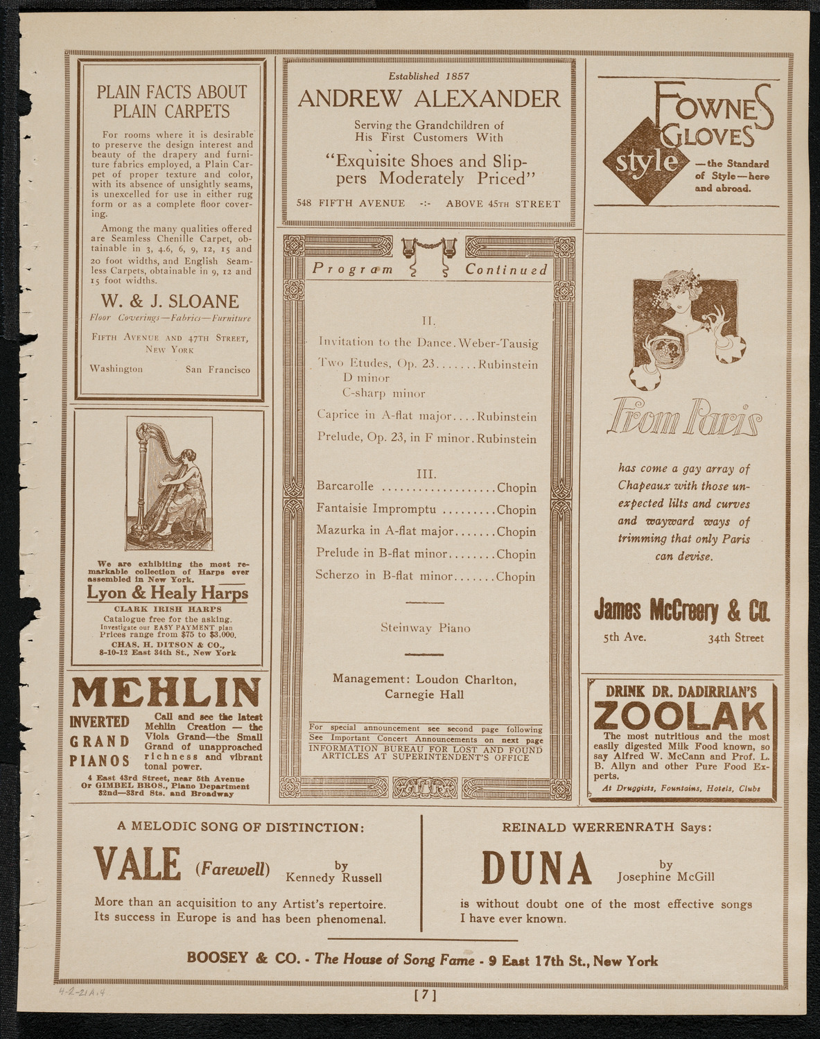 Josef Lhévinne, Piano, April 2, 1921, program page 7