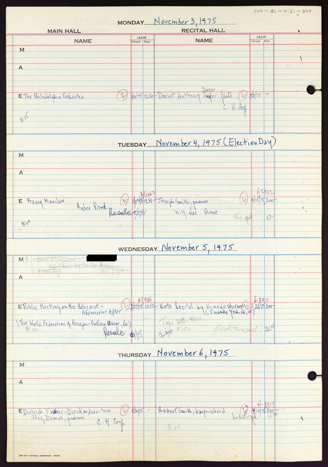 Carnegie Hall Booking Ledger, volume 21, page 20