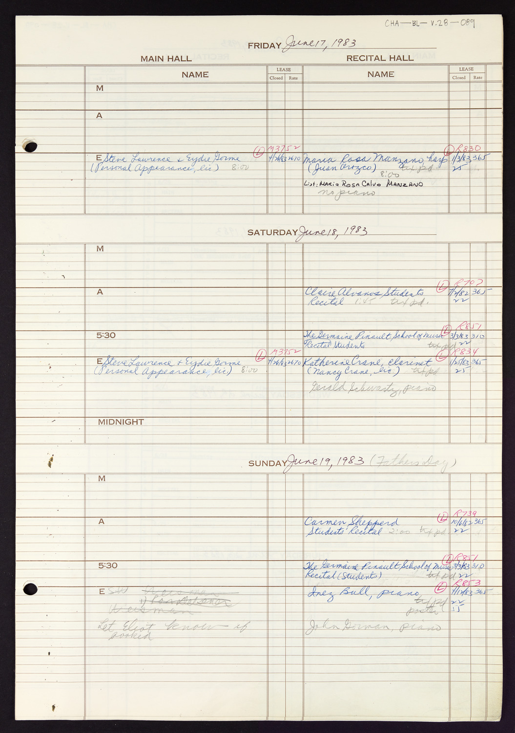 Carnegie Hall Booking Ledger, volume 28, page 89