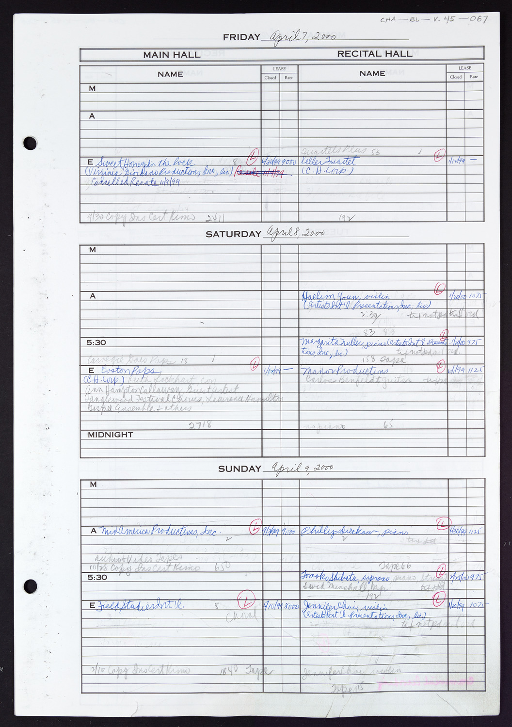 Carnegie Hall Booking Ledger, volume 45, page 67