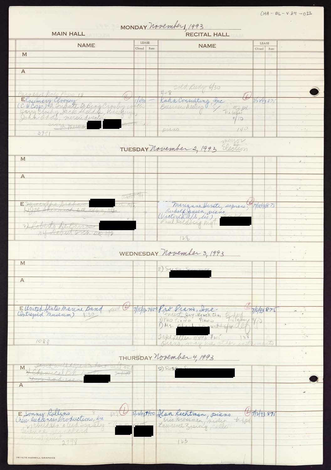 Carnegie Hall Booking Ledger, volume 39, page 22