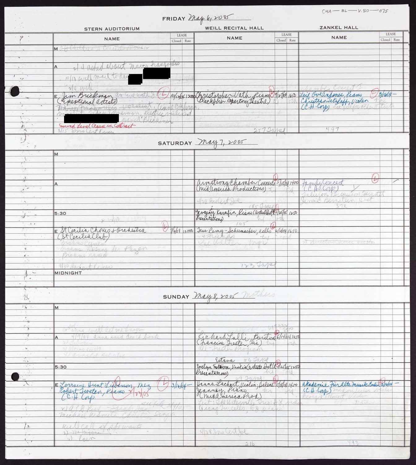 Carnegie Hall Booking Ledger, volume 50, page 75