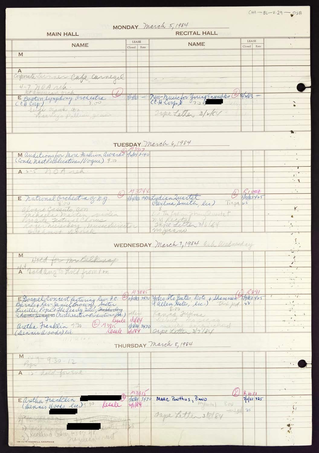 Carnegie Hall Booking Ledger, volume 29, page 58