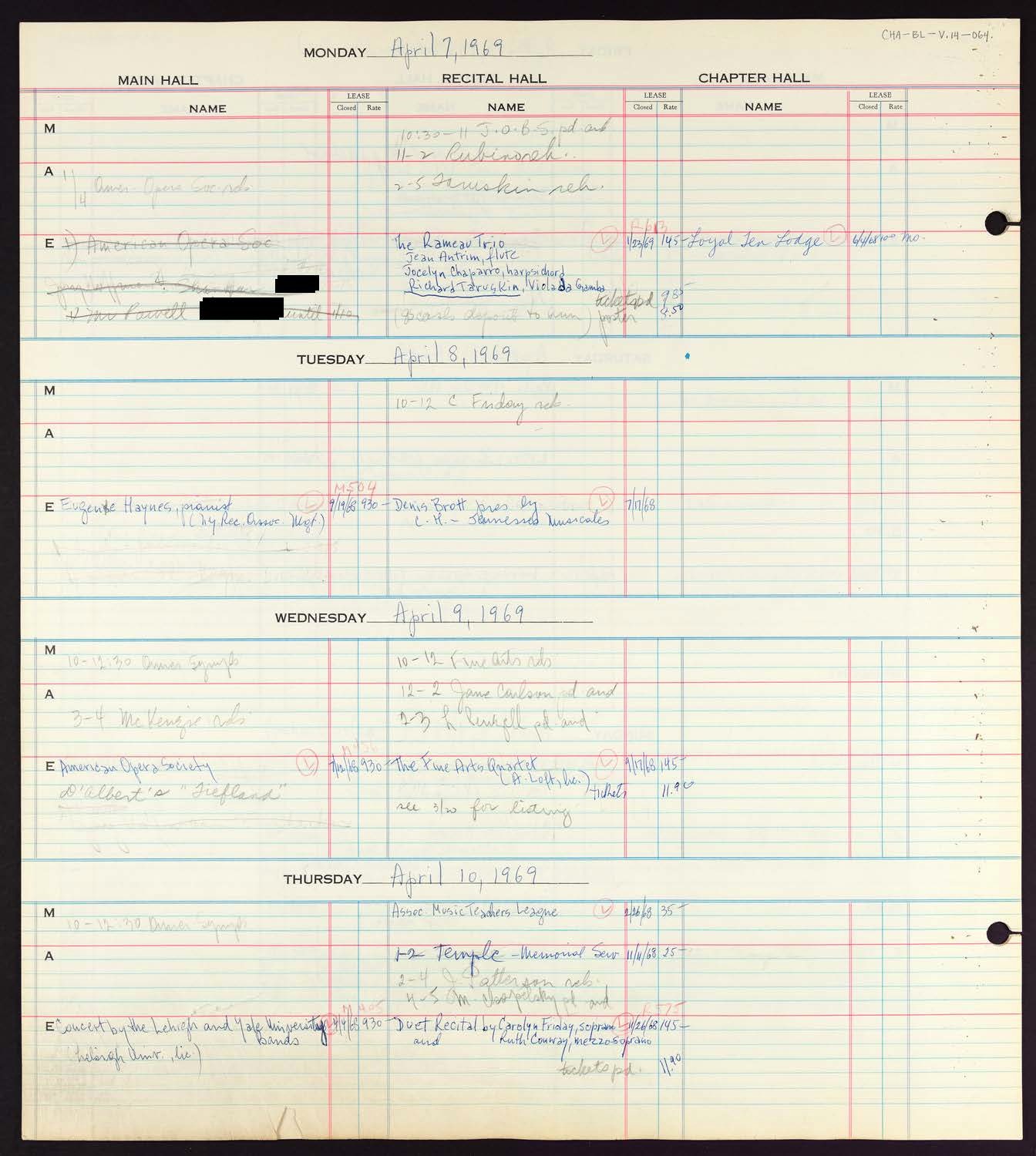 Carnegie Hall Booking Ledger, volume 14, page 64