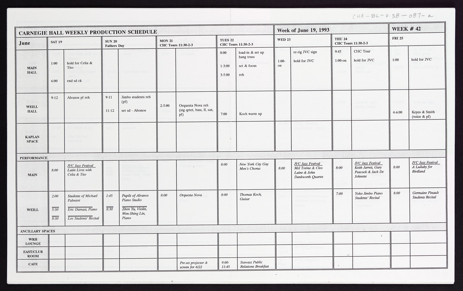 Carnegie Hall Booking Ledger, volume 38, page 87a