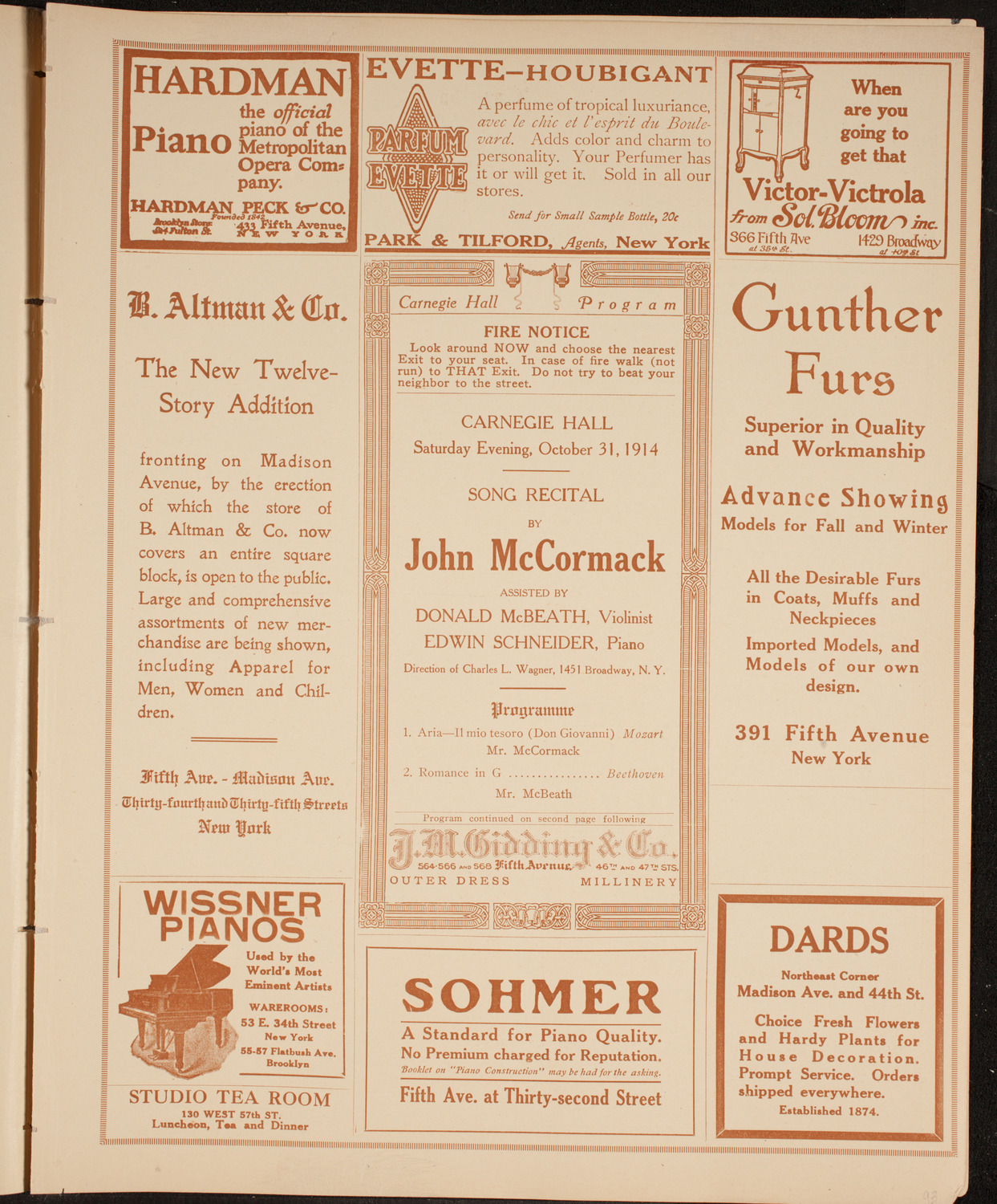 John McCormack, Tenor, October 31, 1914, program page 5