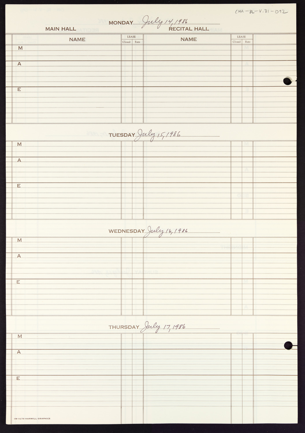 Carnegie Hall Booking Ledger, volume 31, page 92