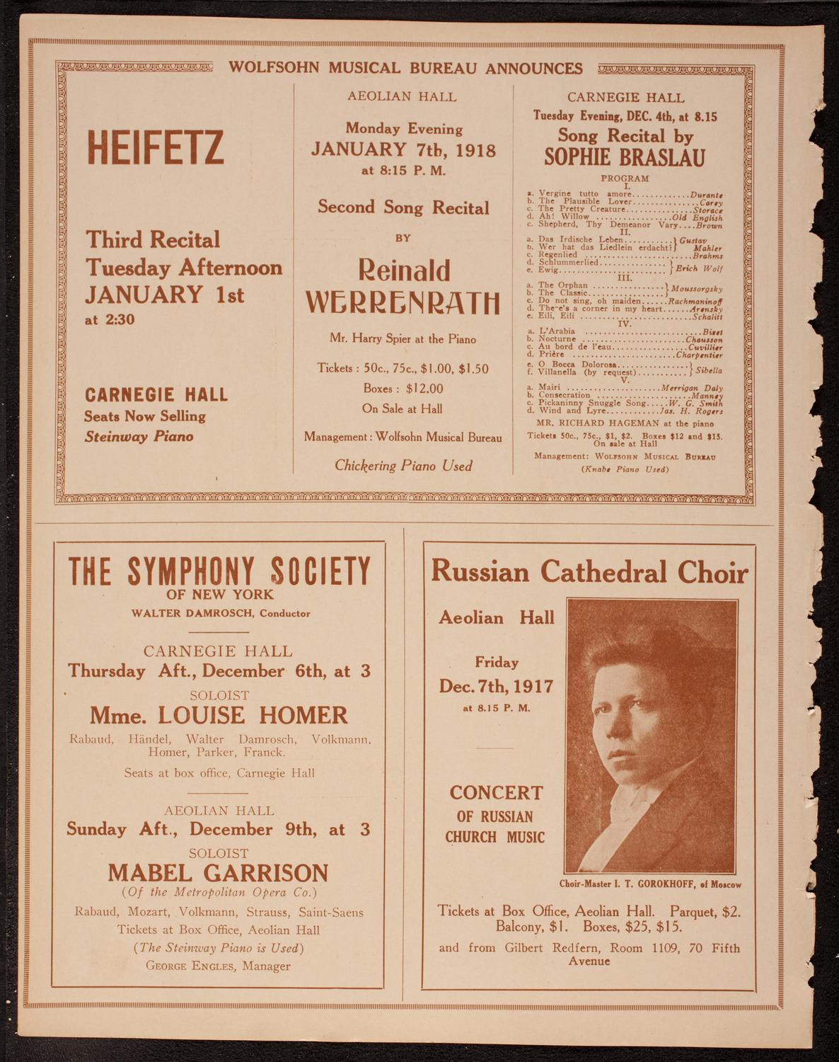 Jascha Heifetz, Violin, December 1, 1917, program page 8