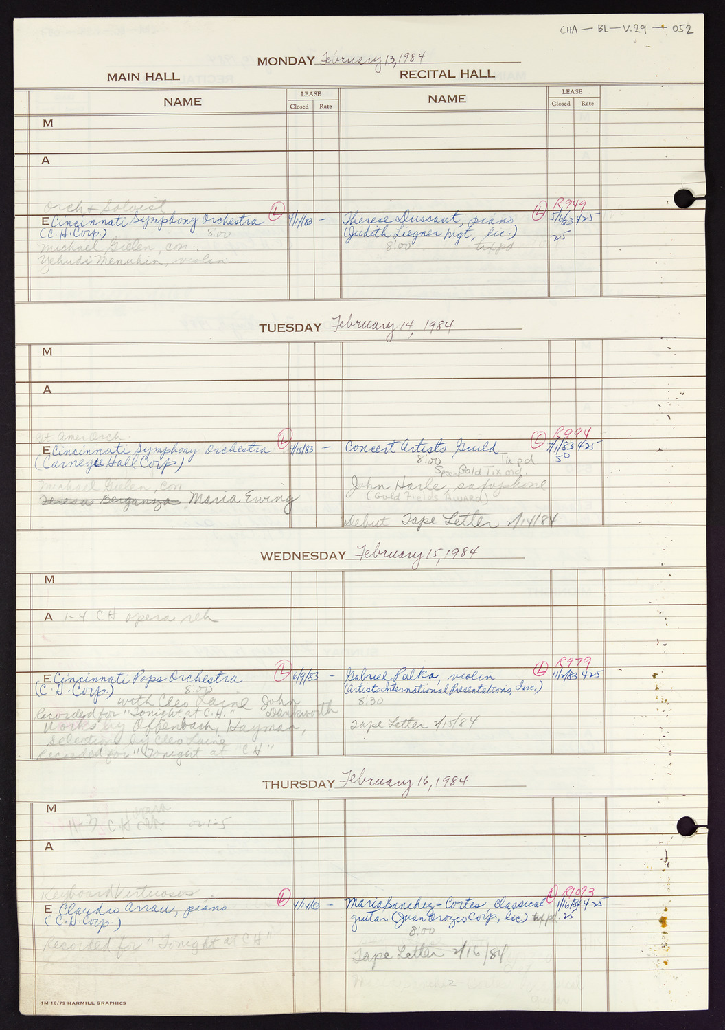 Carnegie Hall Booking Ledger, volume 29, page 52