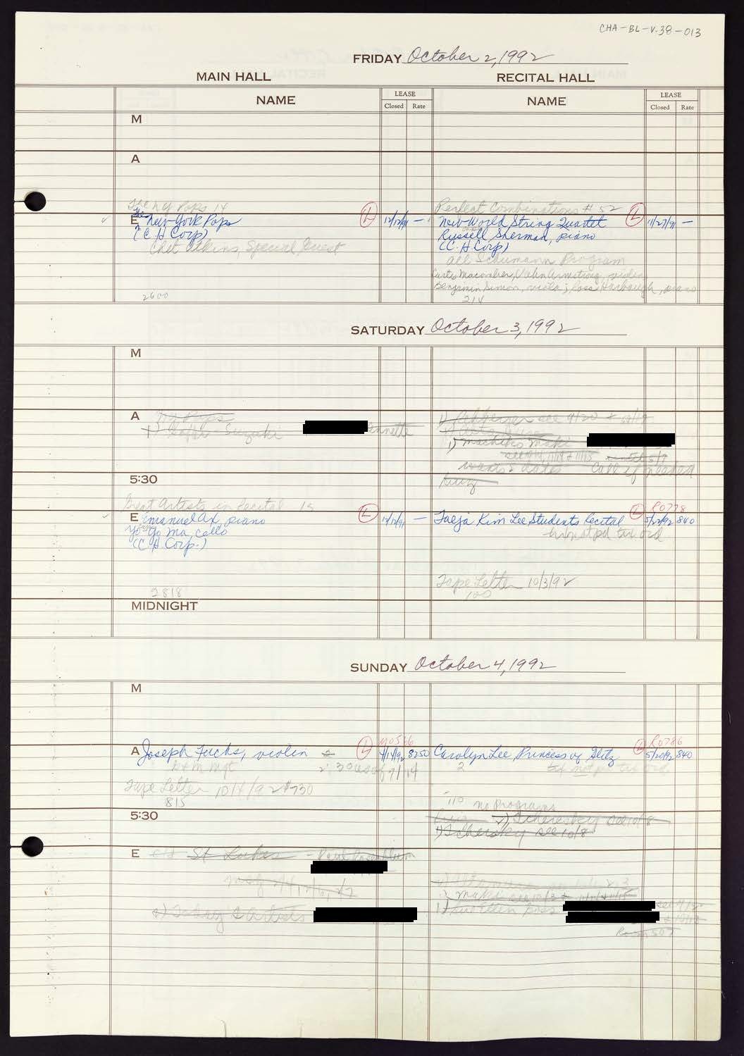 Carnegie Hall Booking Ledger, volume 38, page 13