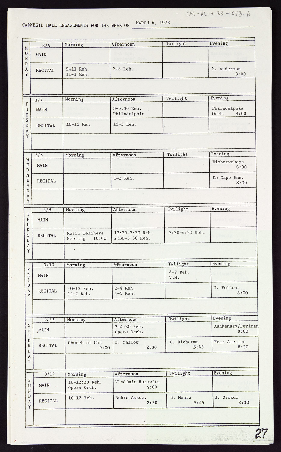 Carnegie Hall Booking Ledger, volume 23, page 58a