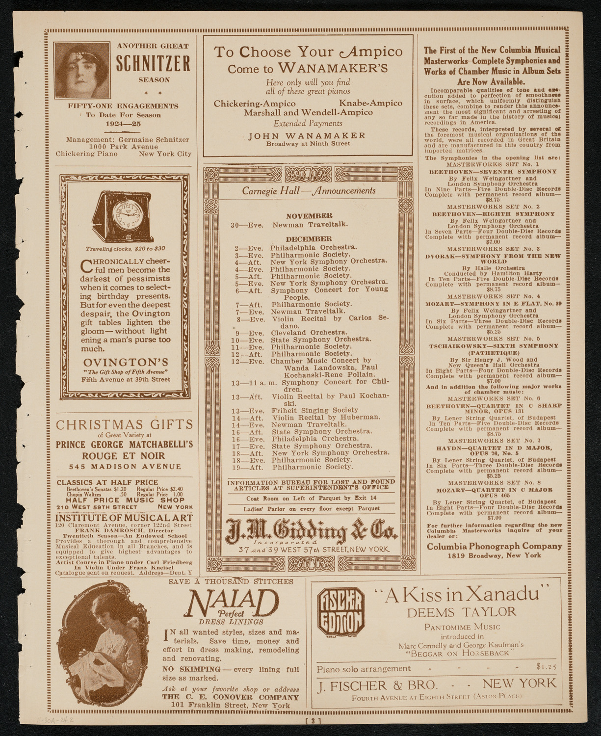 Sergei Rachmaninoff, Piano, November 30, 1924, program page 3
