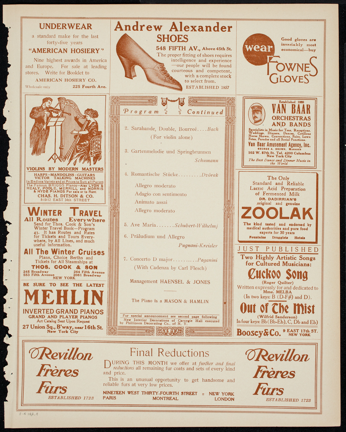 Carl Flesch, Violin, February 5, 1914, program page 7