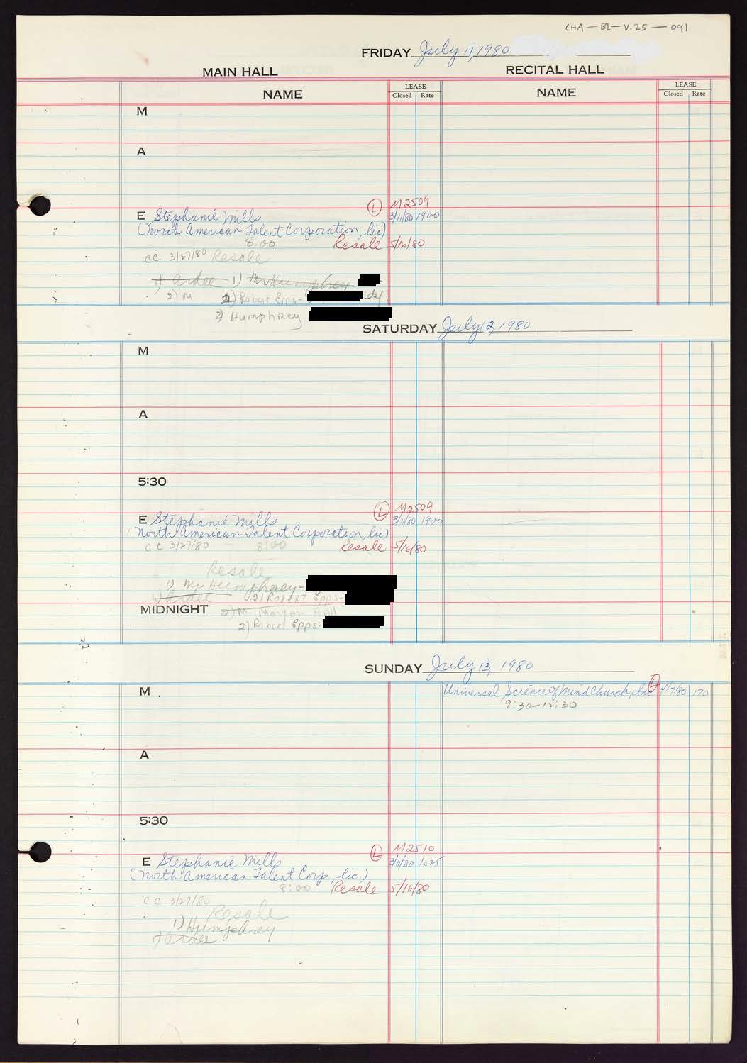 Carnegie Hall Booking Ledger, volume 25, page 91