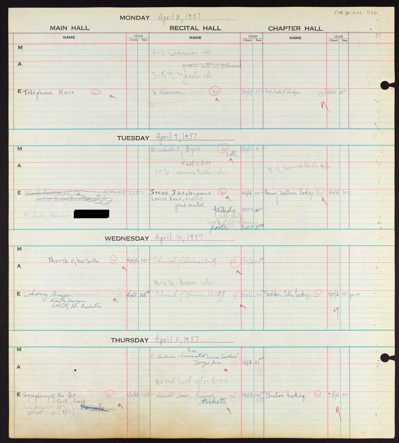 Carnegie Hall Booking Ledger, volume 2, page 56