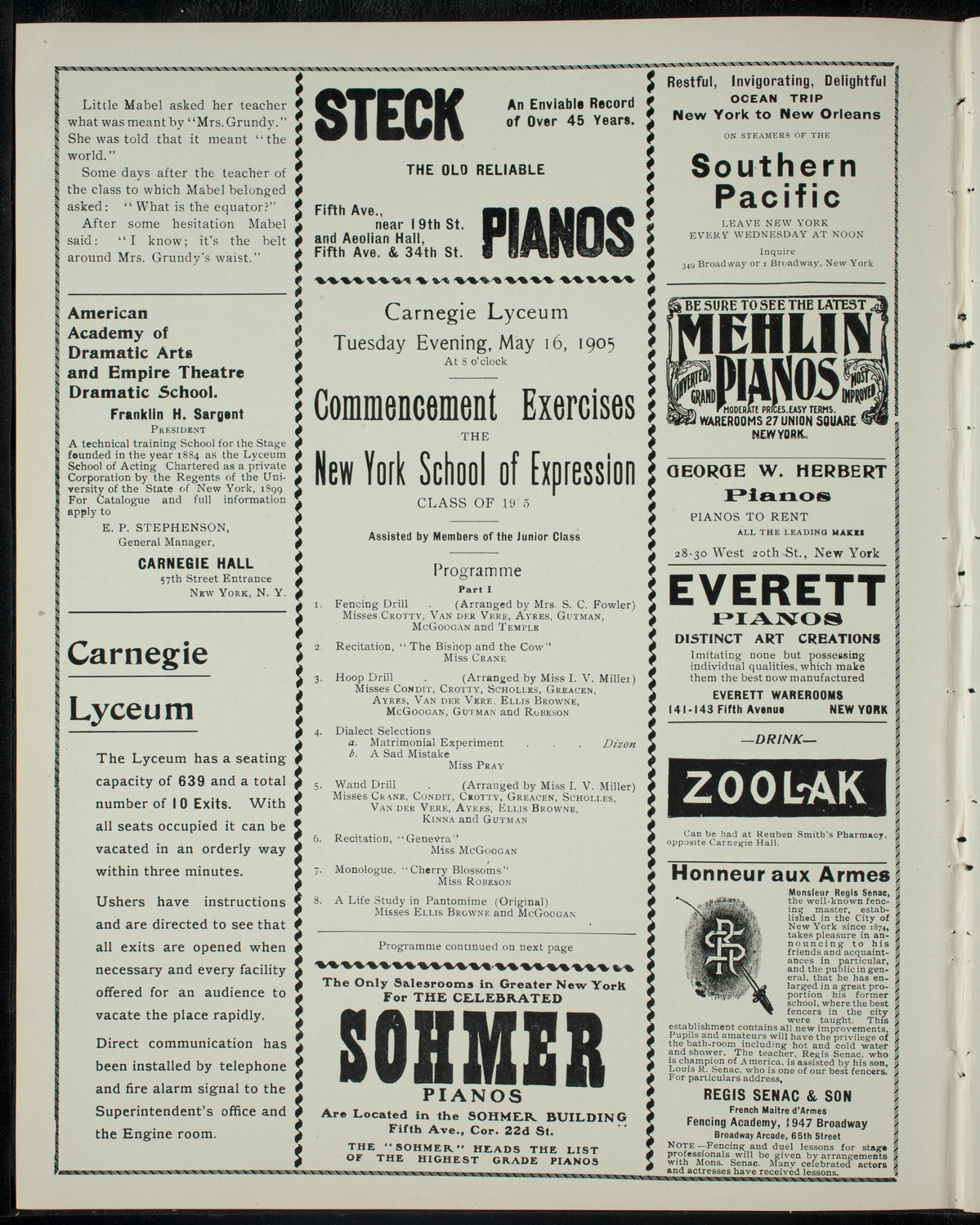 Commencement Exercises of the New York School of Expression, May 16, 1905, program page 2