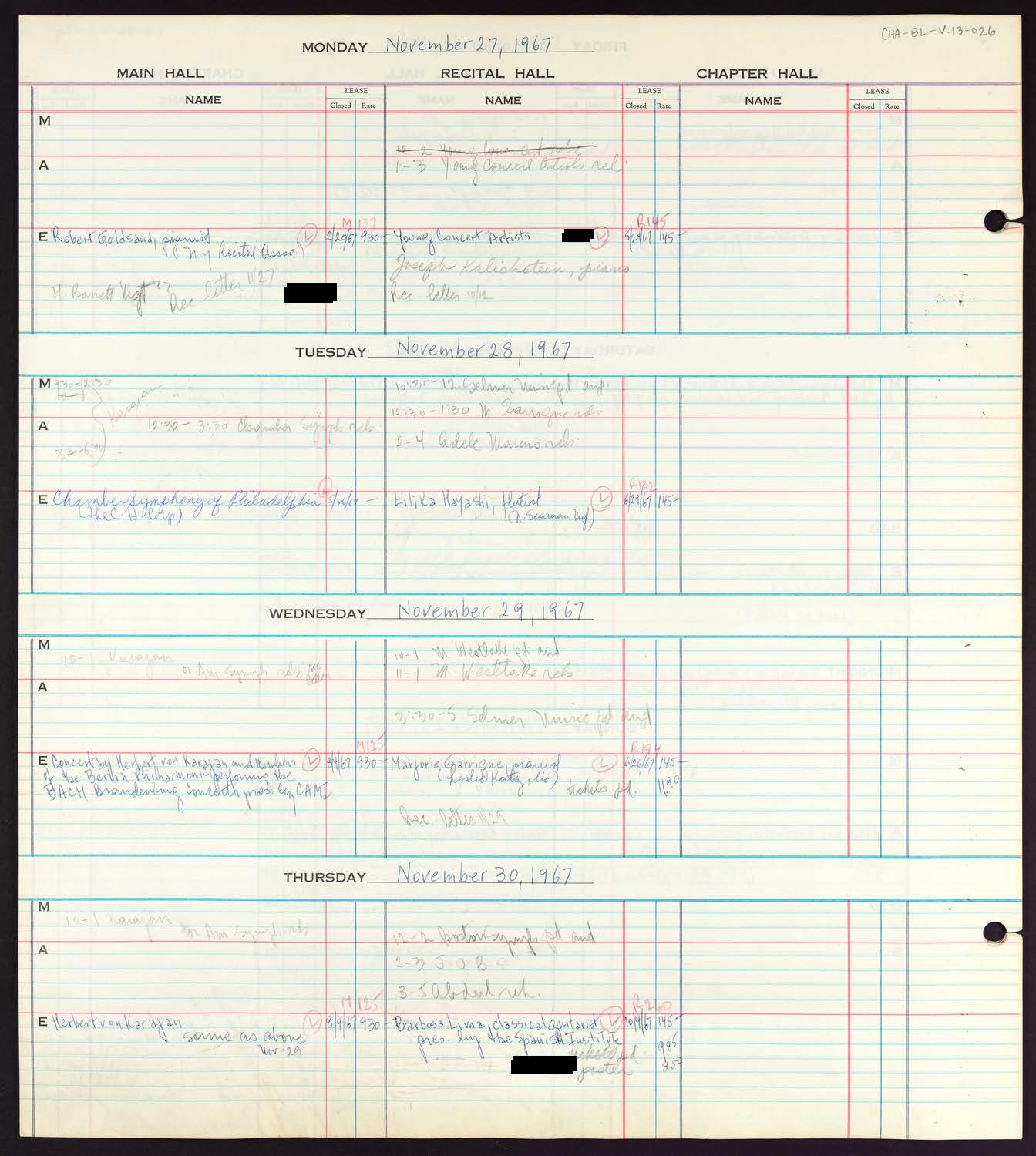 Carnegie Hall Booking Ledger, volume 13, page 26