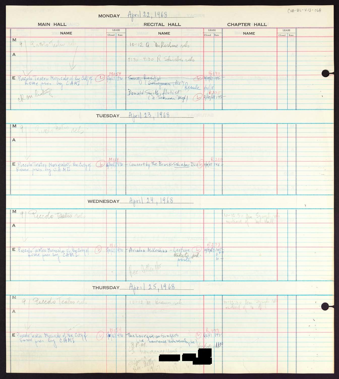 Carnegie Hall Booking Ledger, volume 13, page 68