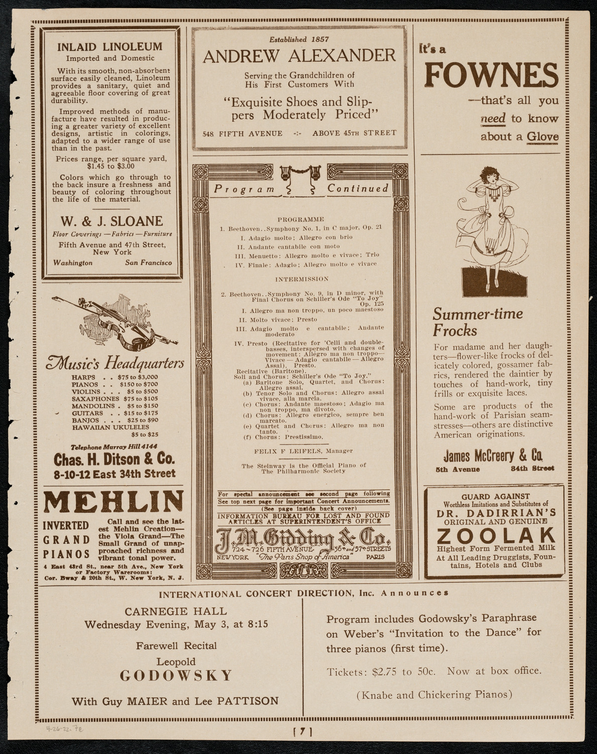 New York Philharmonic, April 26, 1922, program page 7