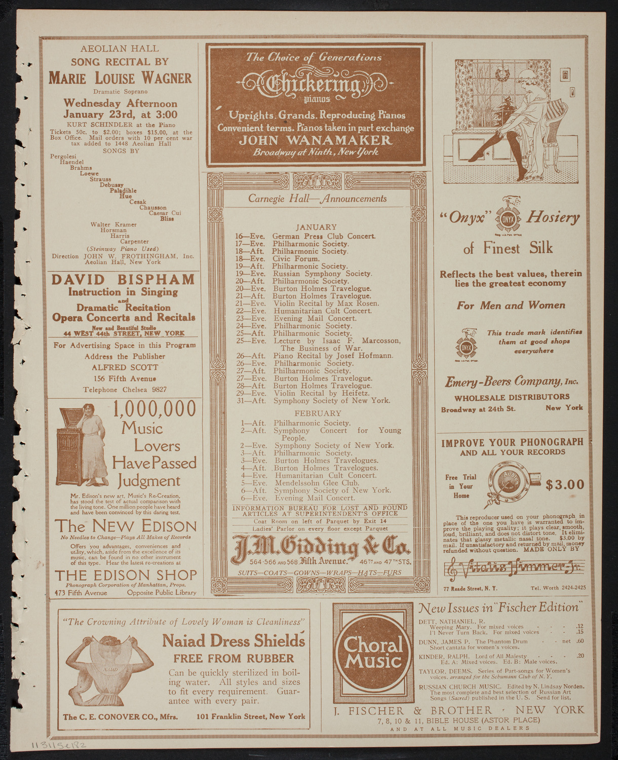 Schola Cantorum of New York, January 15, 1918, program page 3