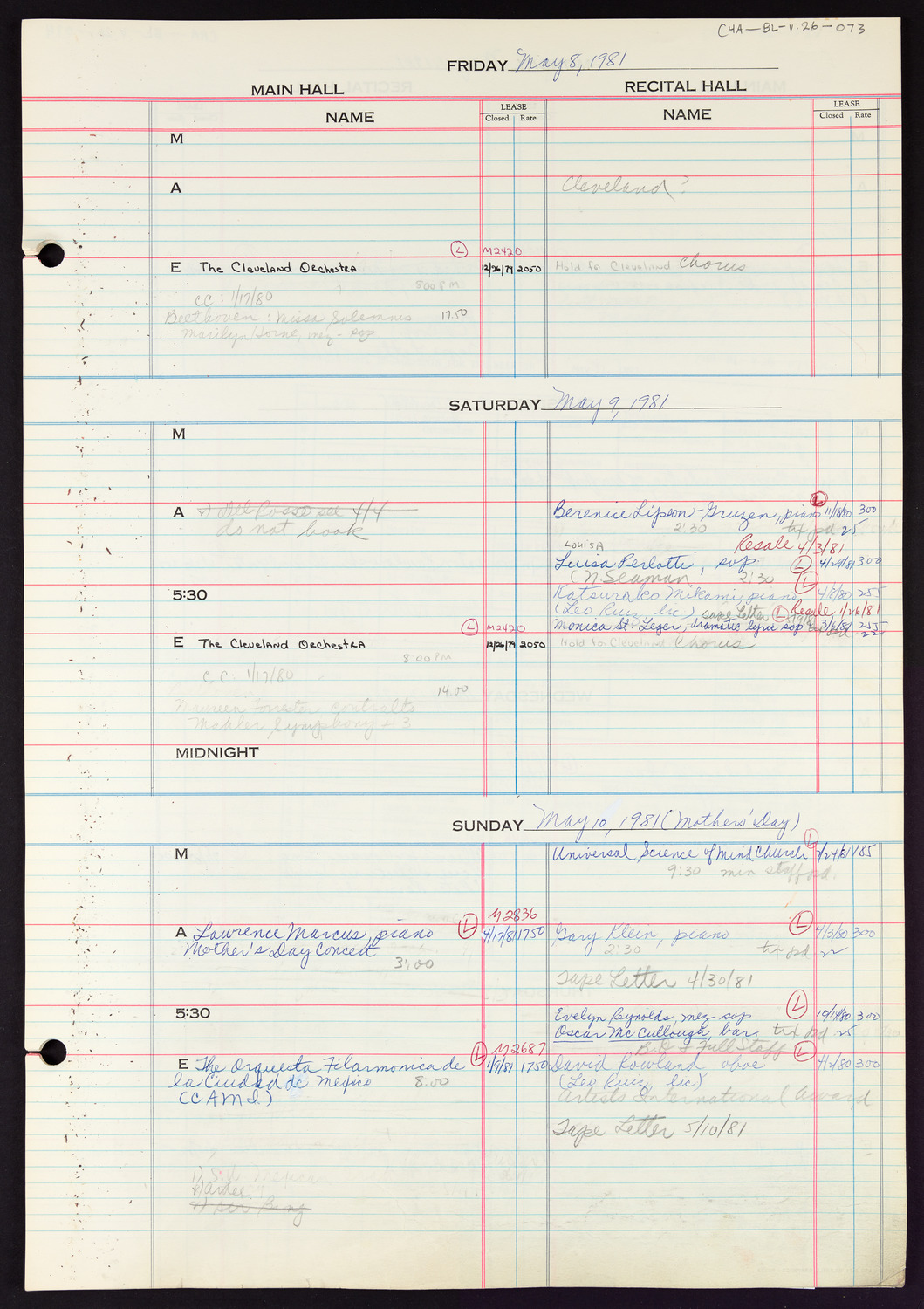 Carnegie Hall Booking Ledger, volume 26, page 73