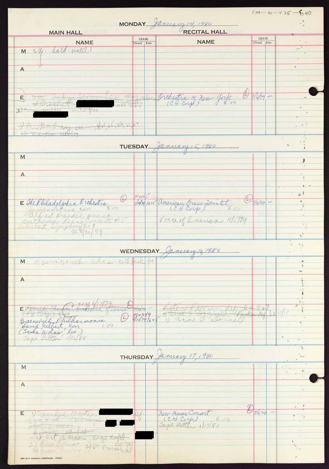 Carnegie Hall Booking Ledger, volume 25, page 40