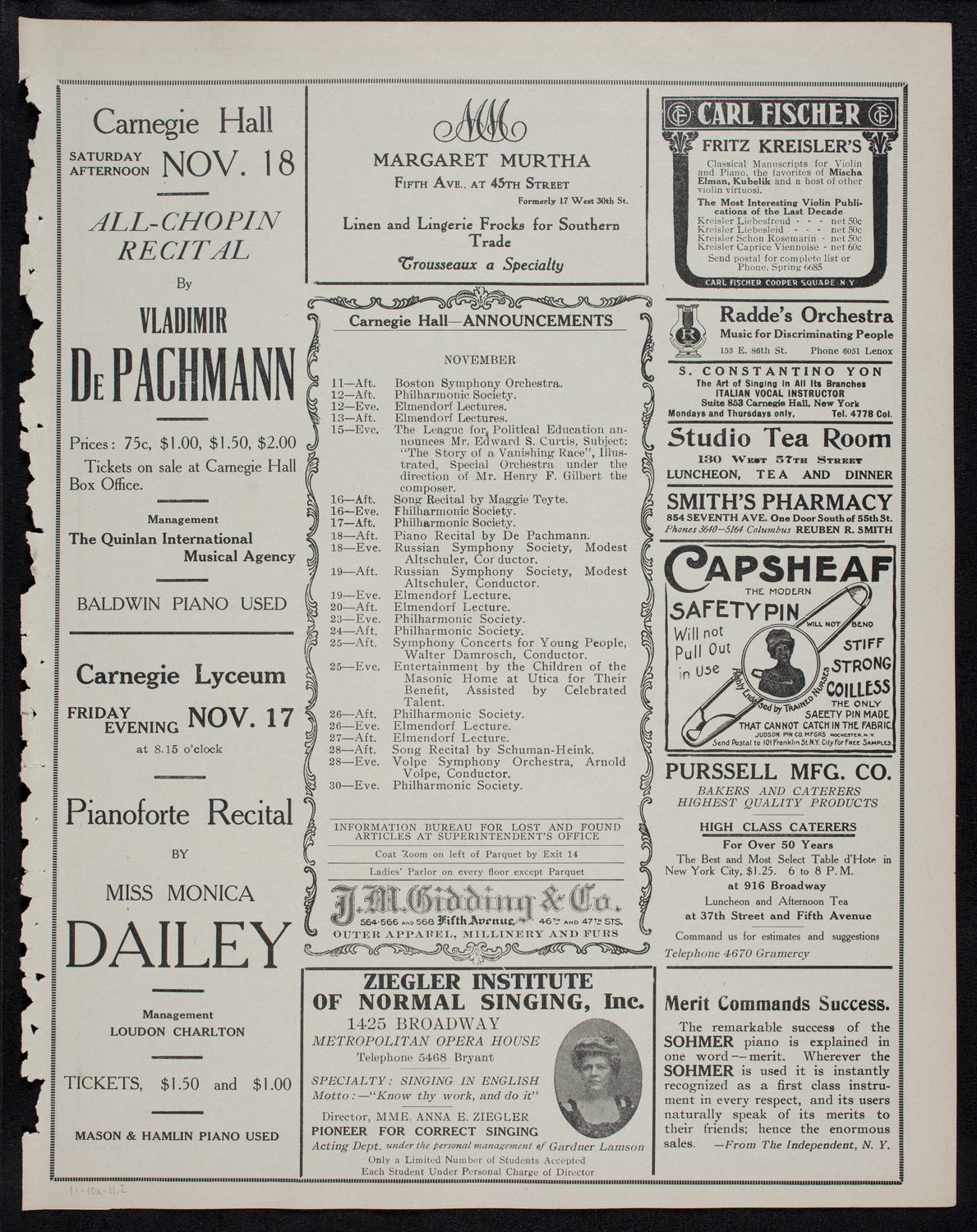 Efrem Zimbalist, Violin, November 10, 1911, program page 3