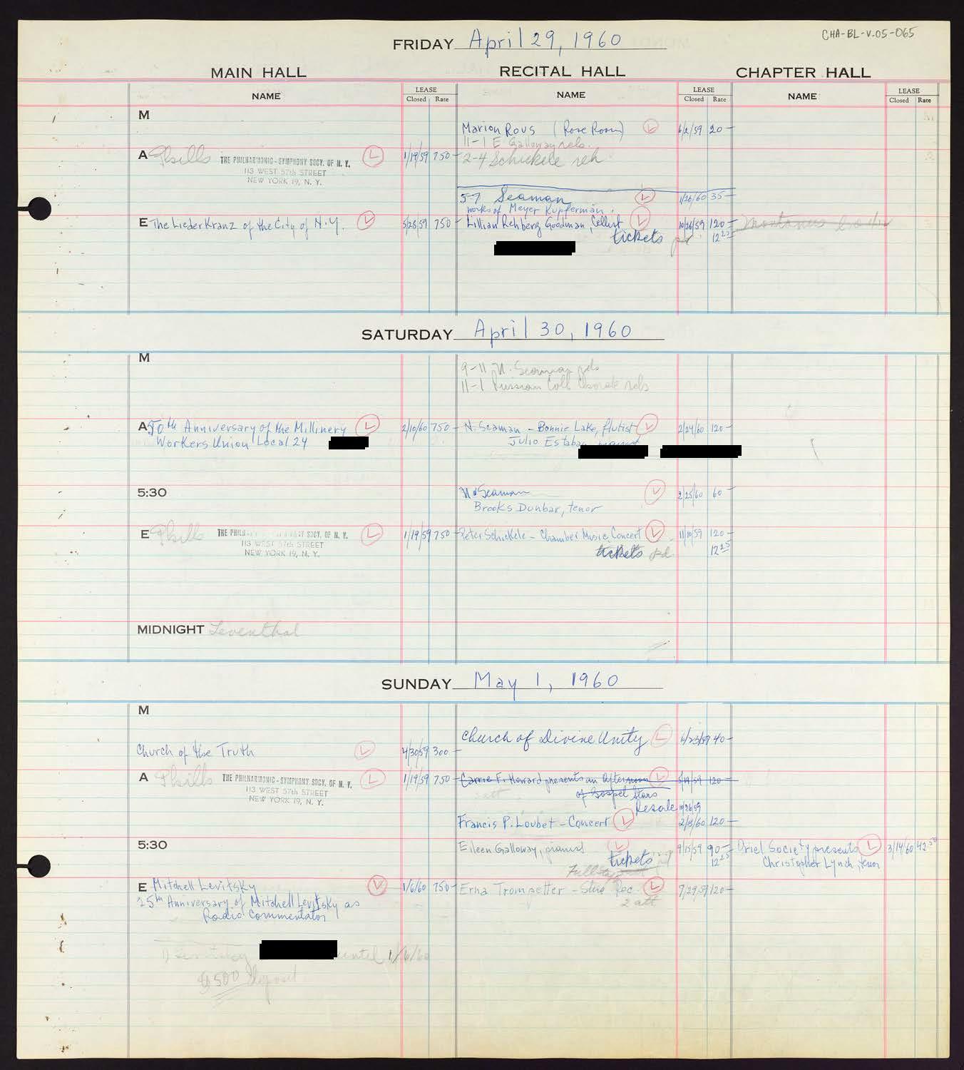 Carnegie Hall Booking Ledger, volume 5, page 65