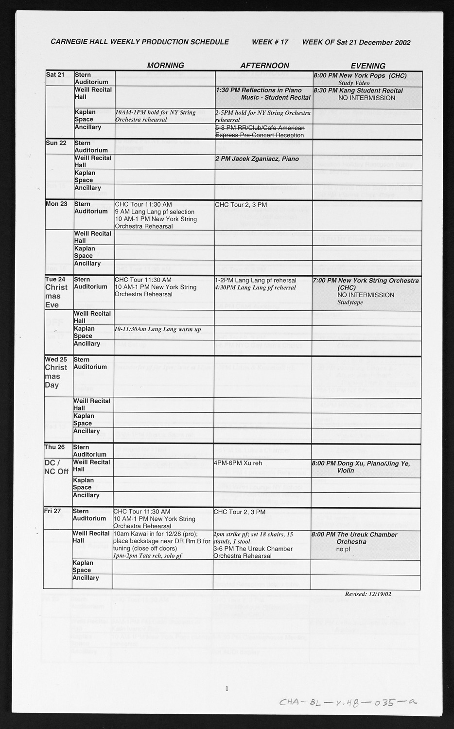 Carnegie Hall Booking Ledger, volume 48, page 35a