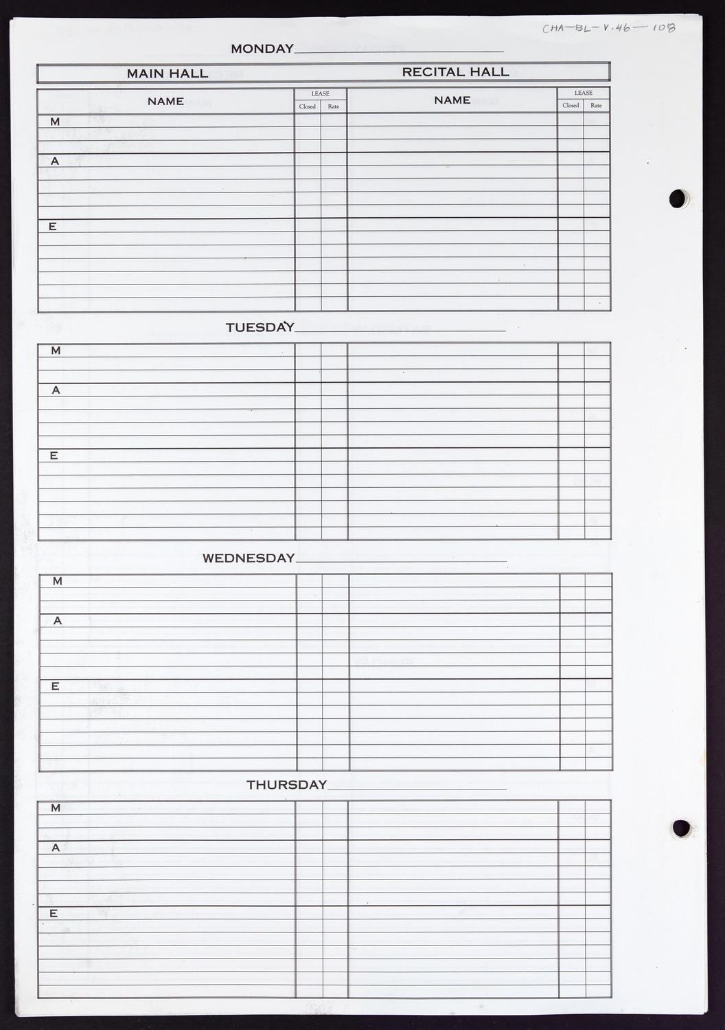 Carnegie Hall Booking Ledger, volume 46, page 108