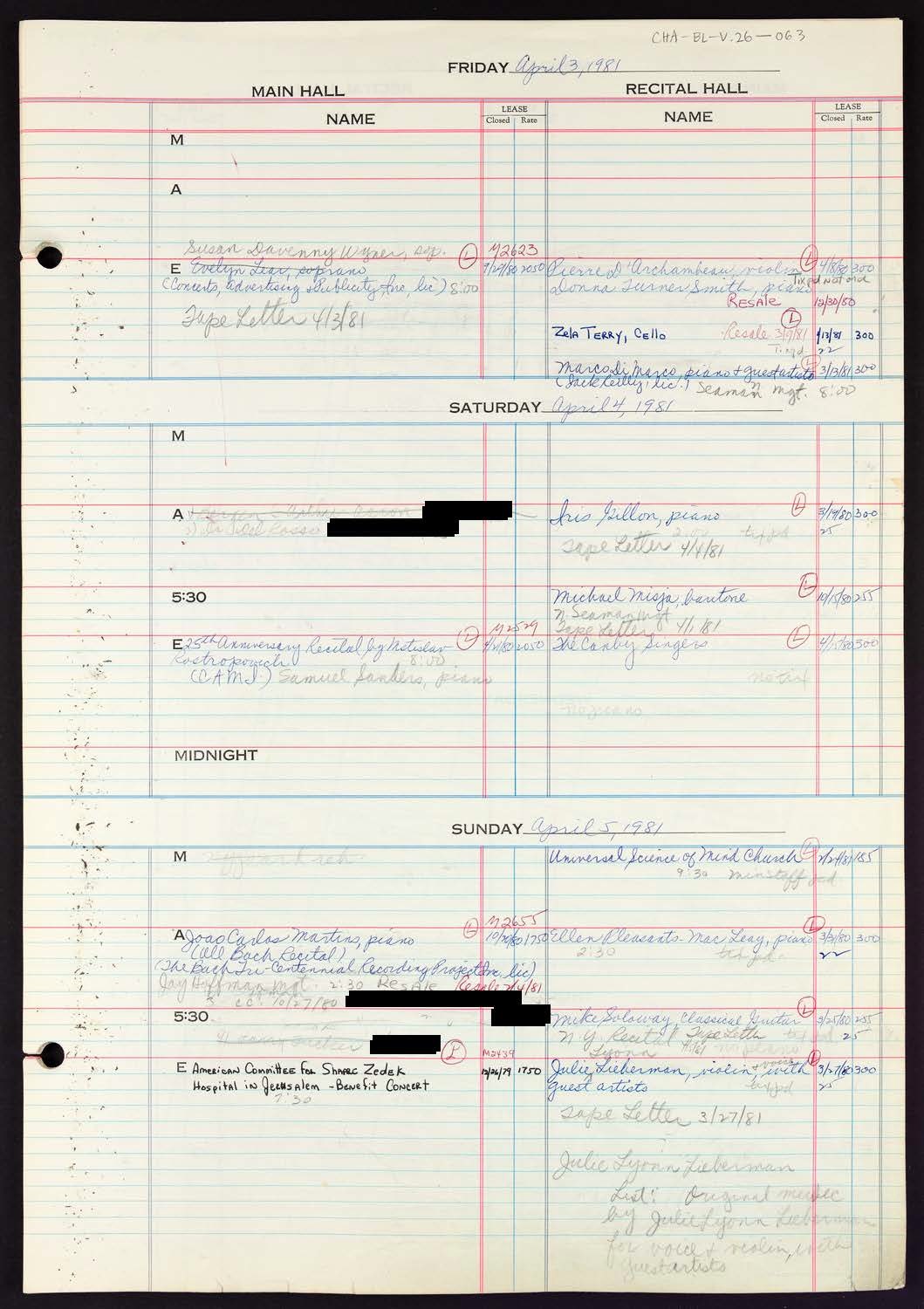 Carnegie Hall Booking Ledger, volume 26, page 63