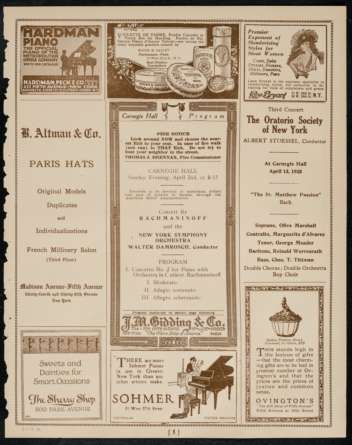 Sergei Rachmaninoff, Piano with the New York Symphony Orchestra, April 2, 1922, program page 5