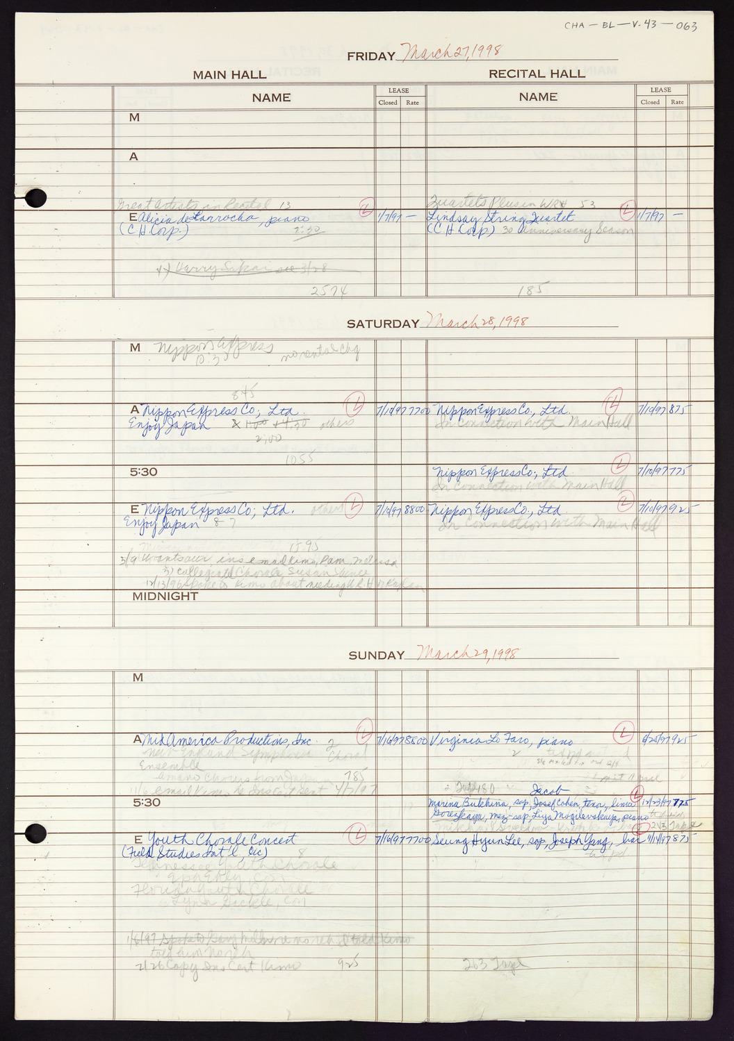 Carnegie Hall Booking Ledger, volume 43, page 63