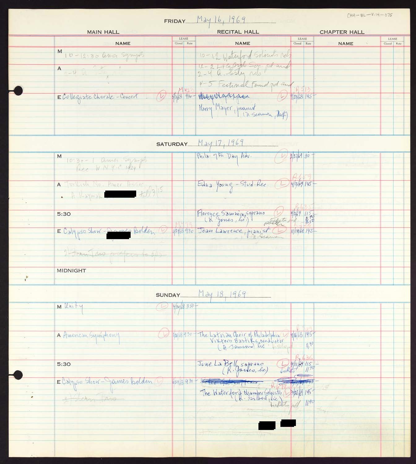 Carnegie Hall Booking Ledger, volume 14, page 75