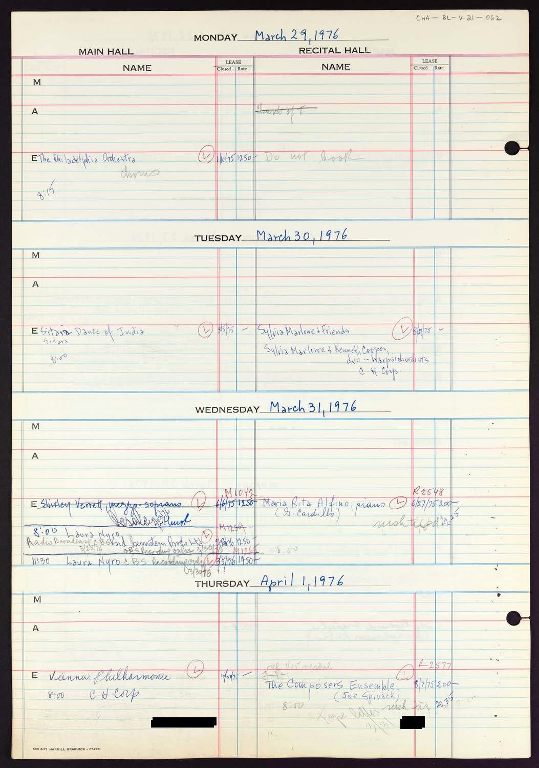 Carnegie Hall Booking Ledger, volume 21, page 62