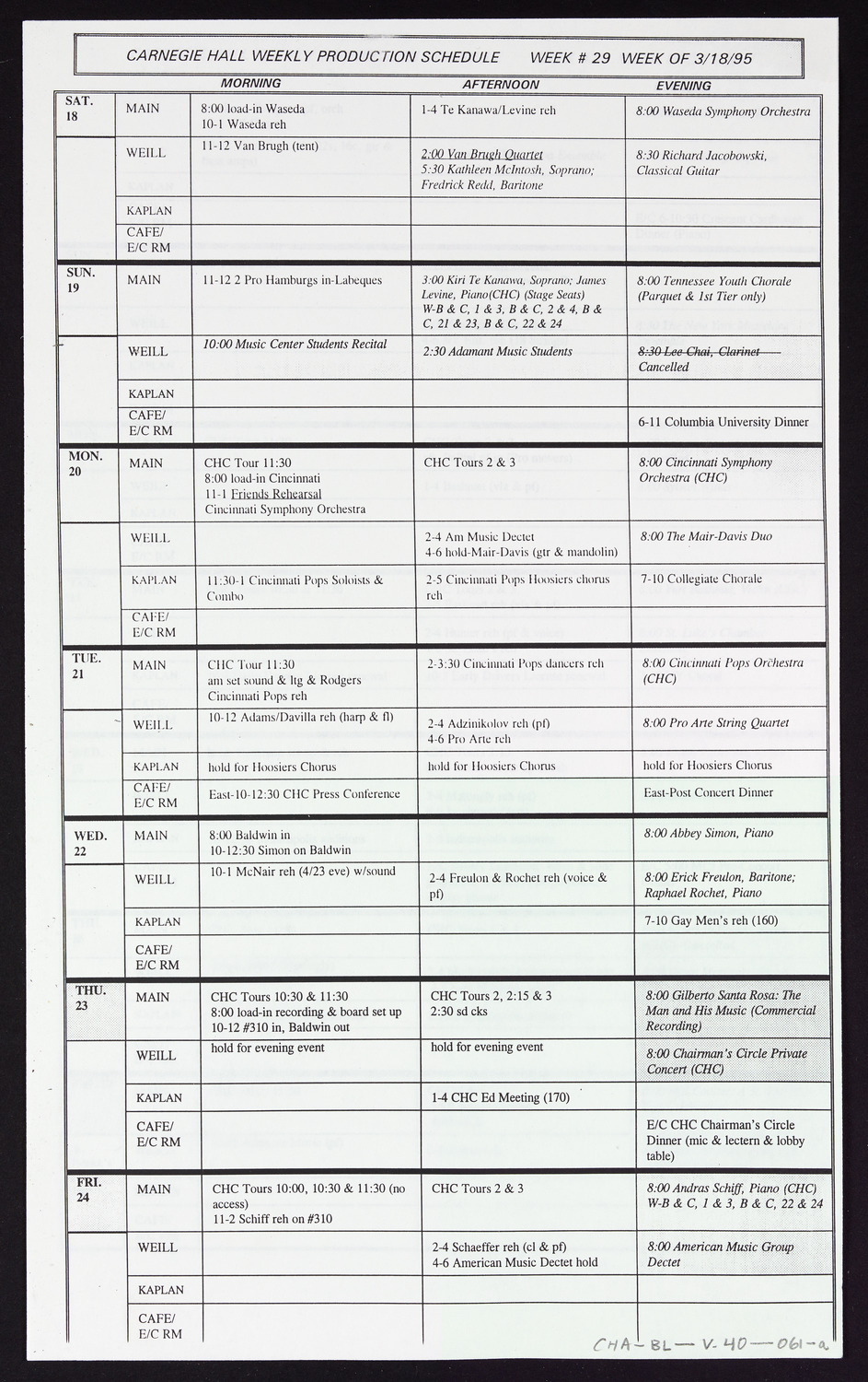 Carnegie Hall Booking Ledger, volume 40, page 61a