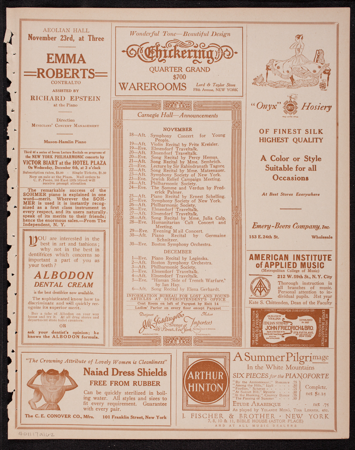 New York Philharmonic, November 17, 1916, program page 3