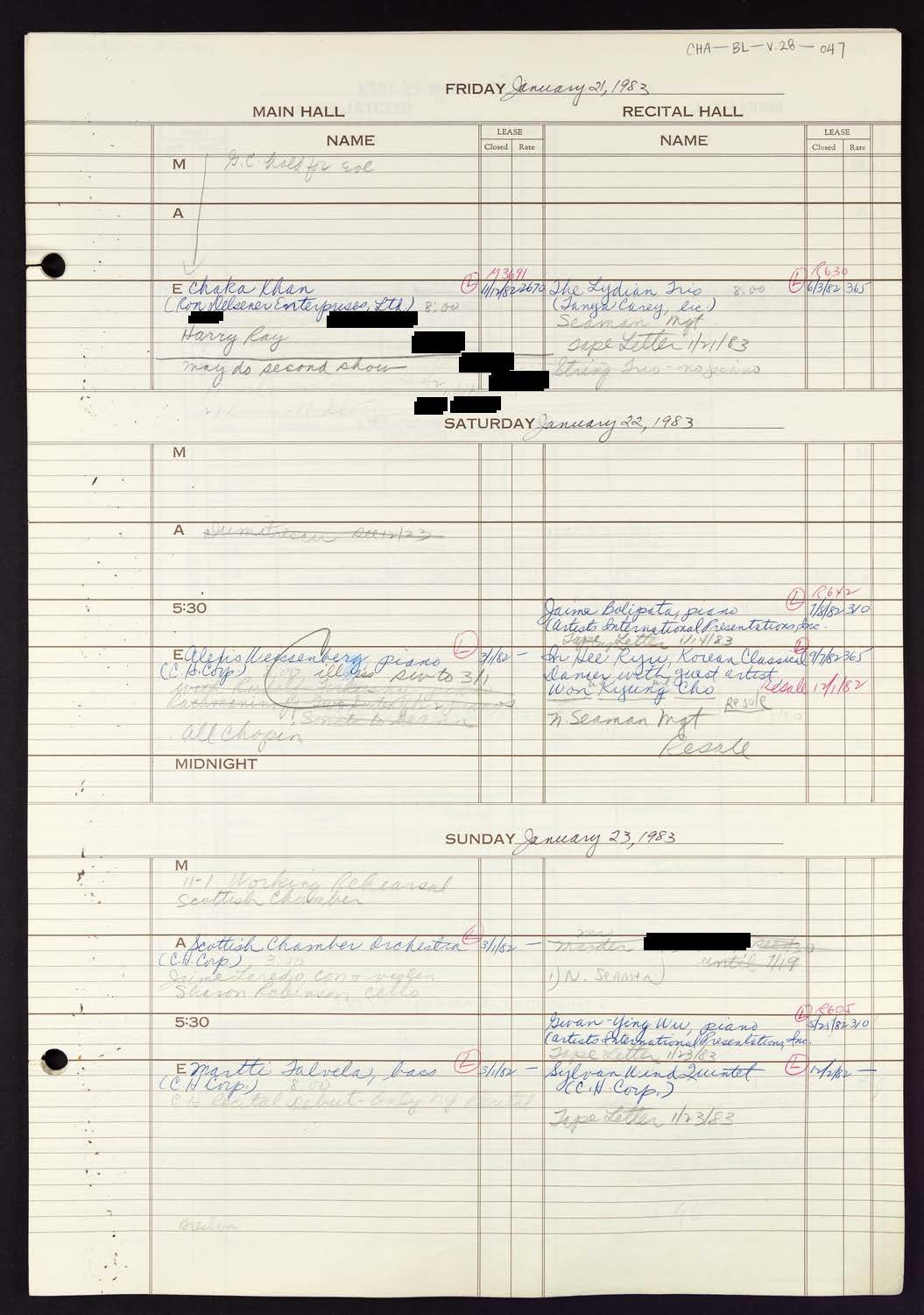 Carnegie Hall Booking Ledger, volume 28, page 47