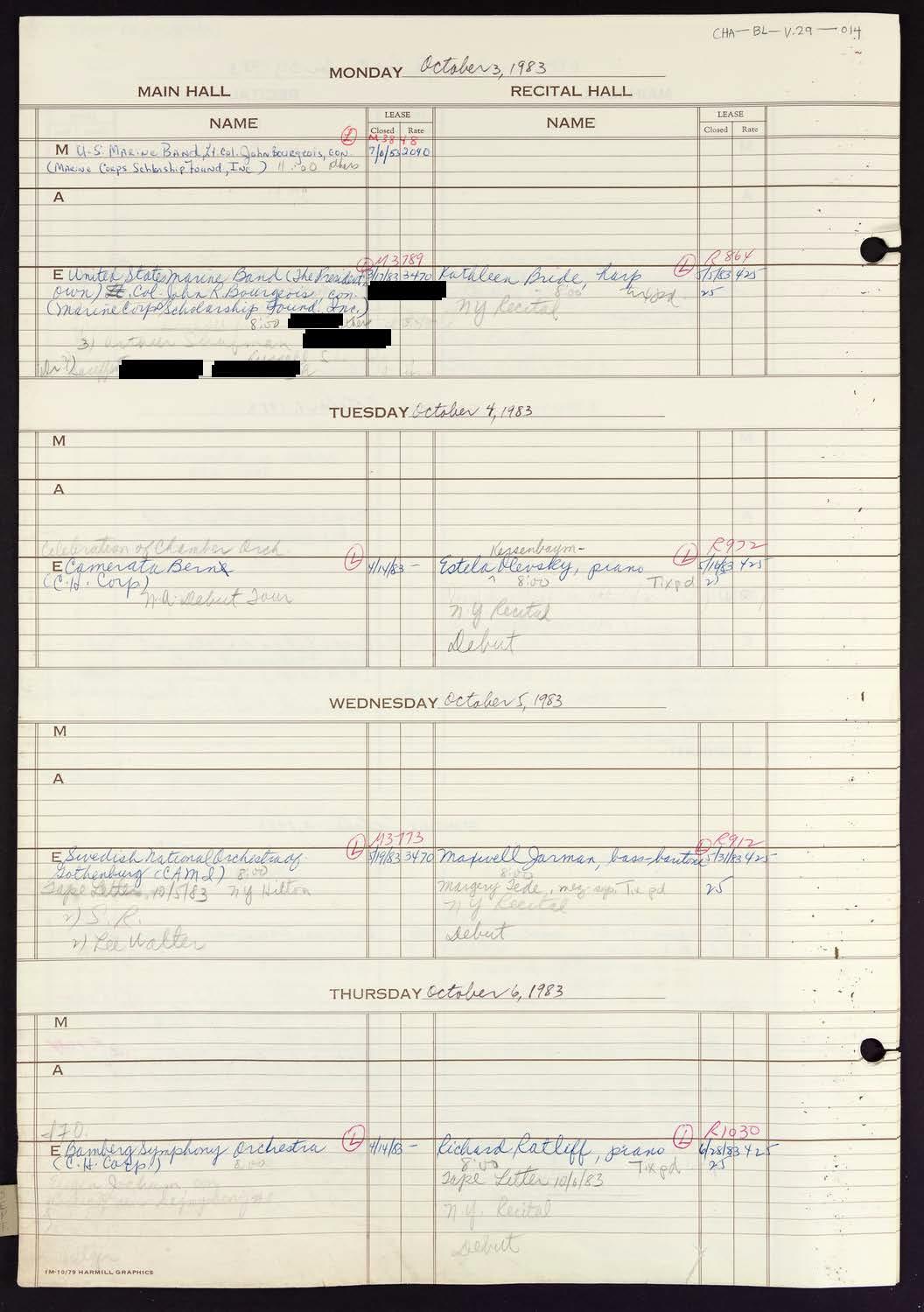 Carnegie Hall Booking Ledger, volume 29, page 14