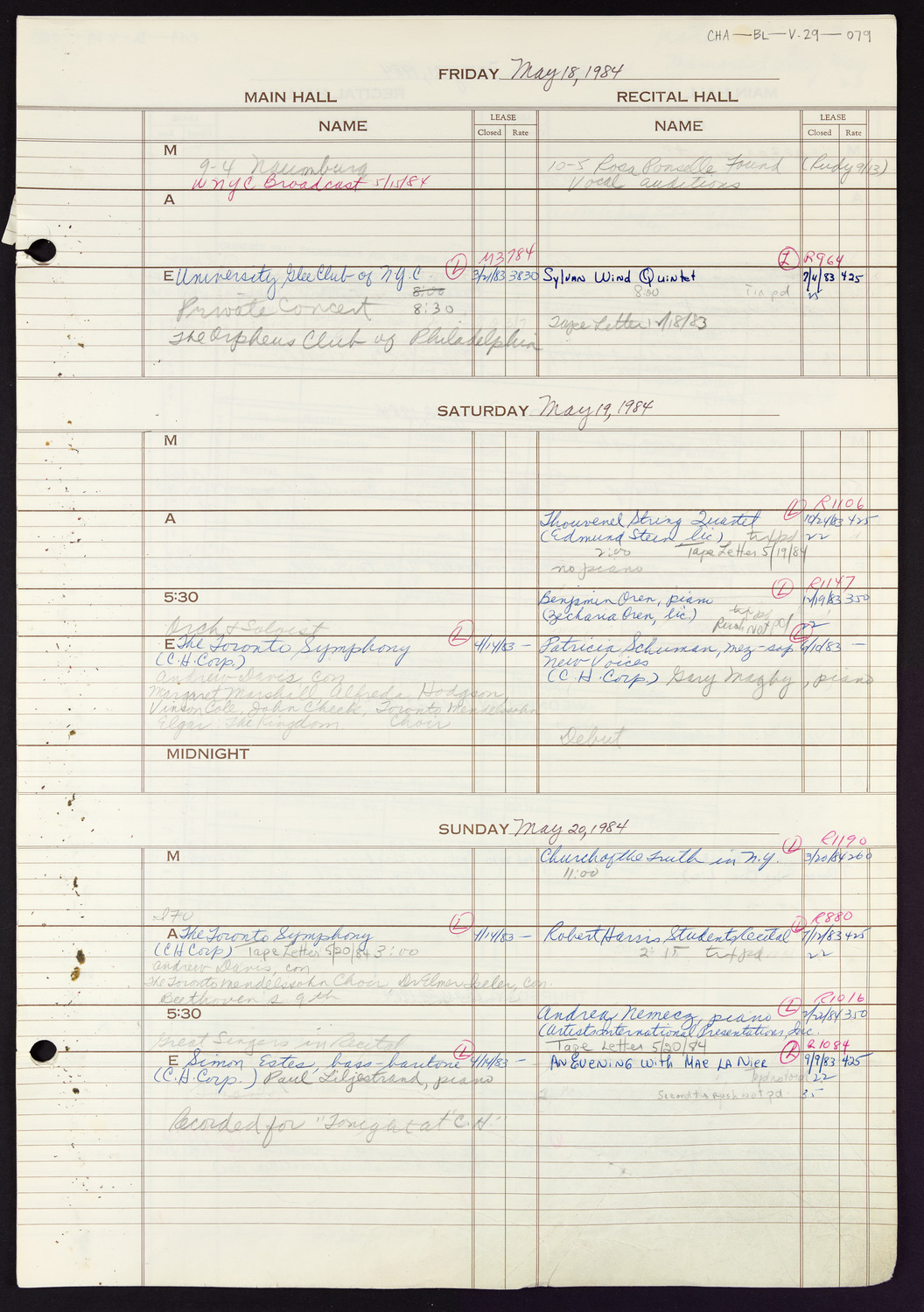 Carnegie Hall Booking Ledger, volume 29, page 79