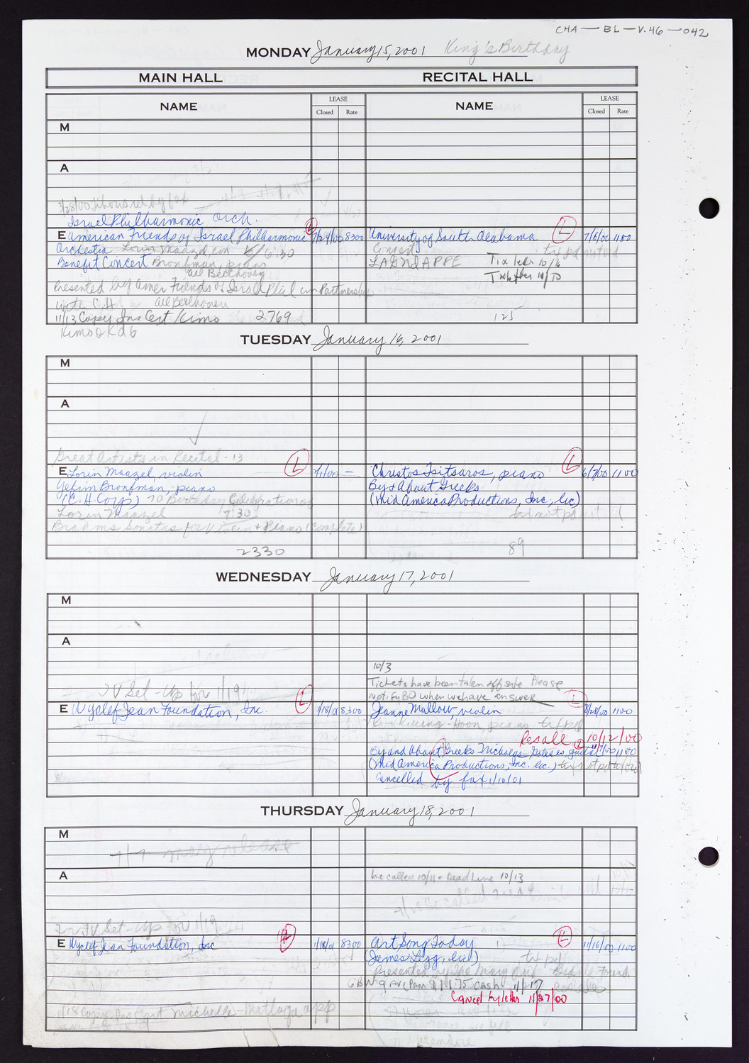 Carnegie Hall Booking Ledger, volume 46, page 42