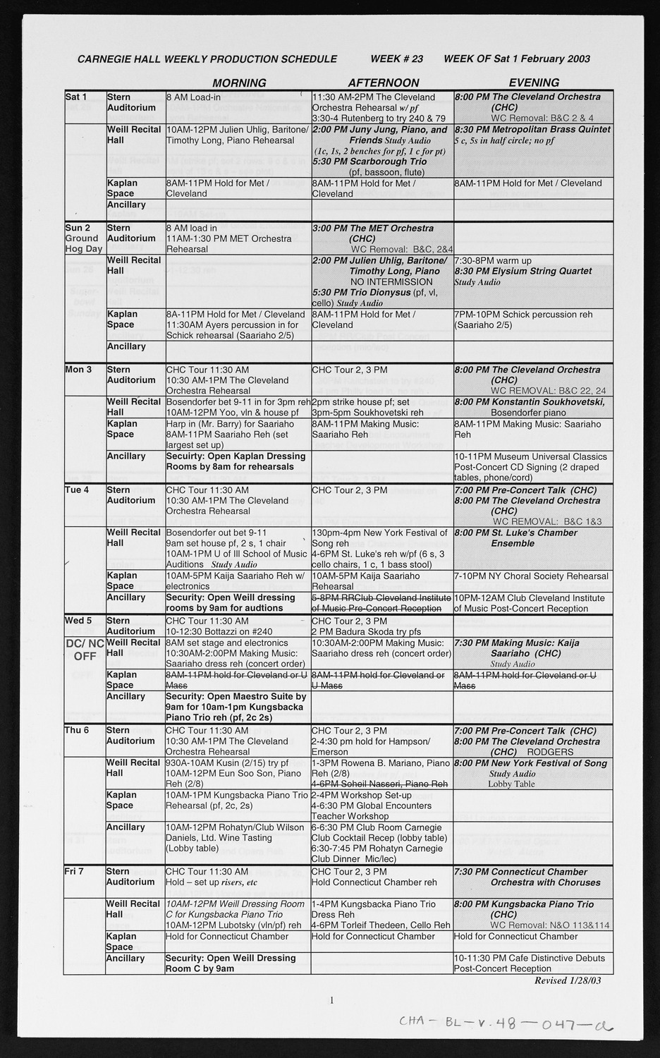 Carnegie Hall Booking Ledger, volume 48, page 47a